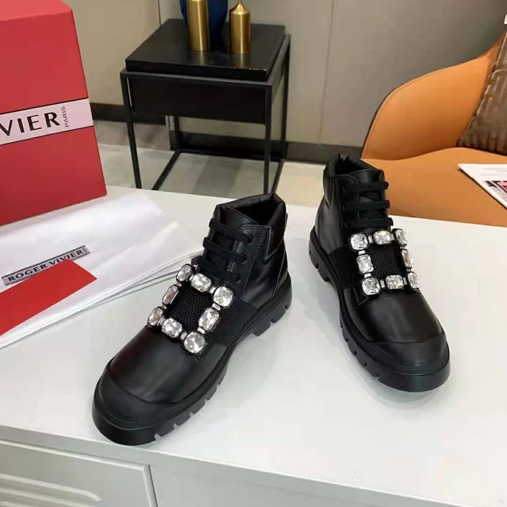 Roger Vivier Walky Viv' Lace Up Strass Buckle Booties in Leather for Women Roger Vivier Walky Viv' Lace Up Strass Buckle Booties in Leather for Women