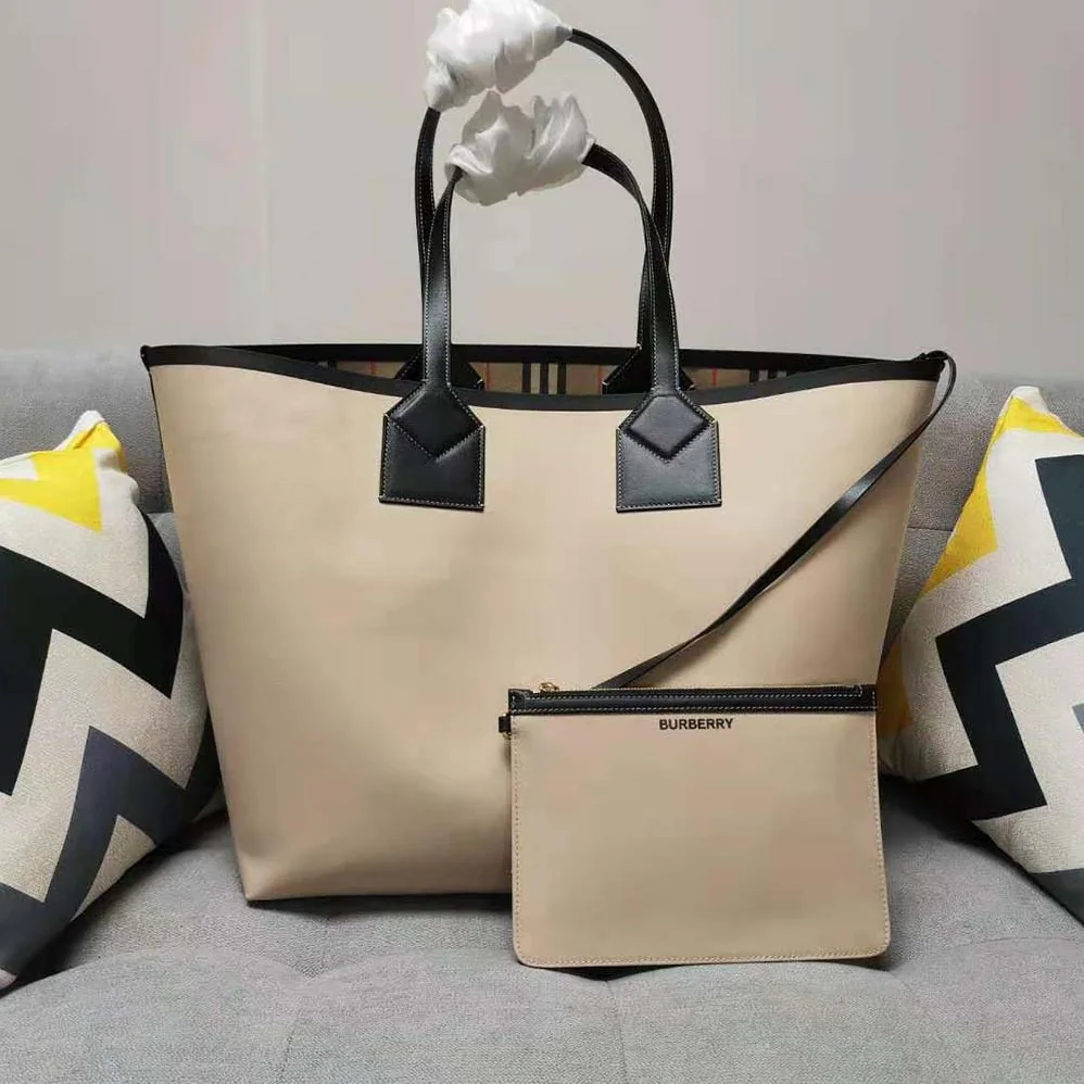 Burberry Label Print Cotton and Leather Large London Tote Bag for Women