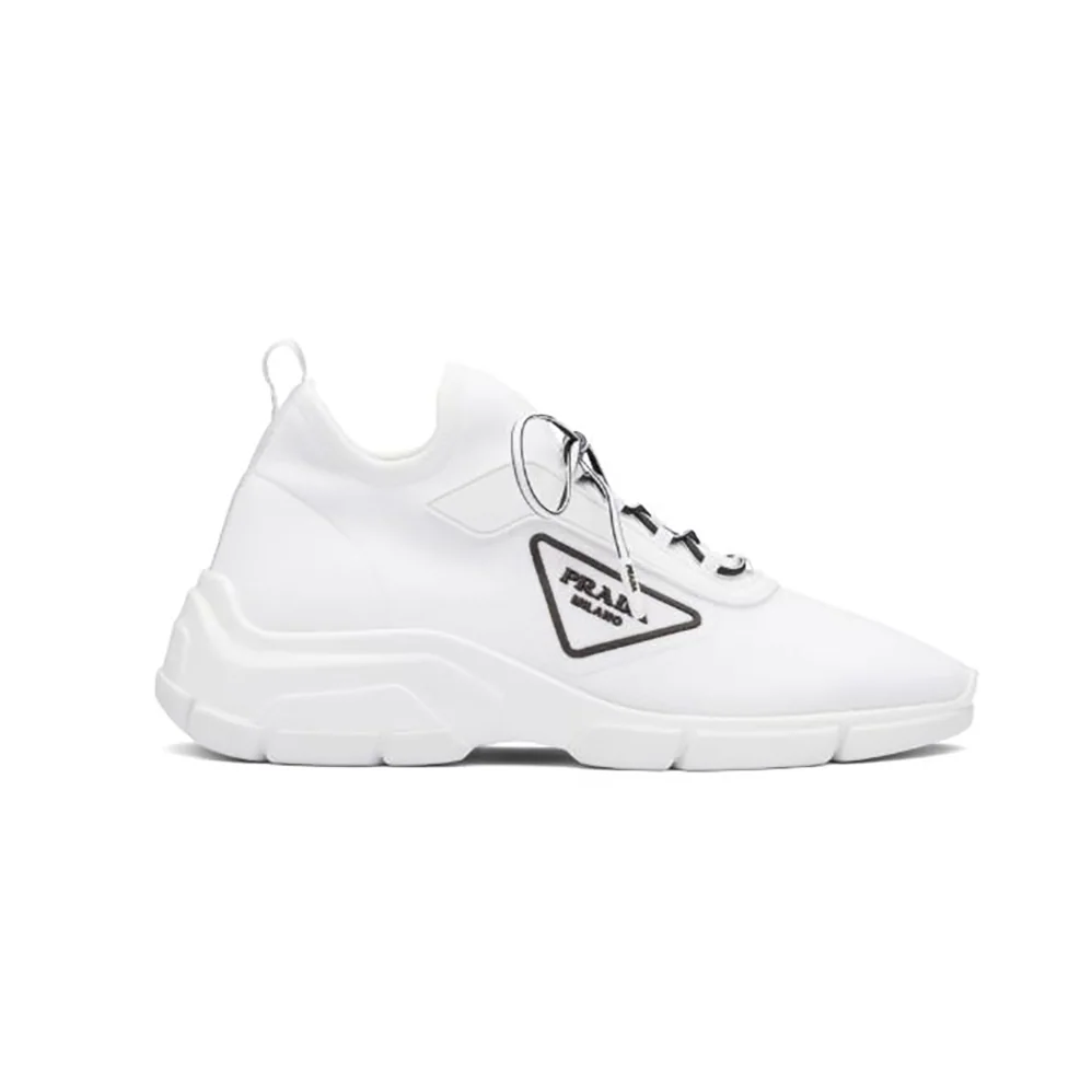 Prada The Triangle Logo Decorates These Knit Fabric Sneakers for Women in White Prada The Triangle Logo Decorates These Knit Fabric Sneakers for Women in White