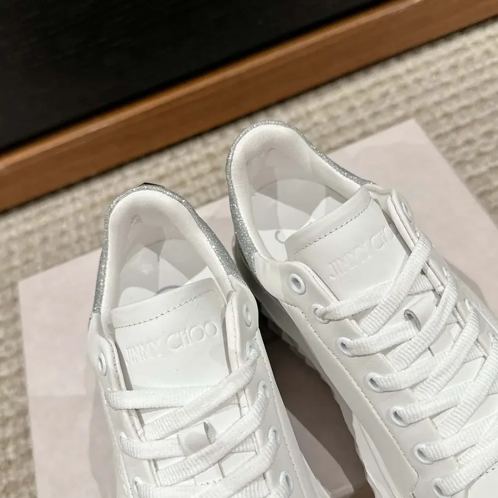 Jimmy Choo Diamond Maxi/F II White & Silver Nappa Leather Glitter Trainers for Women Jimmy Choo Diamond Maxi/F II White & Silver Nappa Leather Glitter Trainers for Women