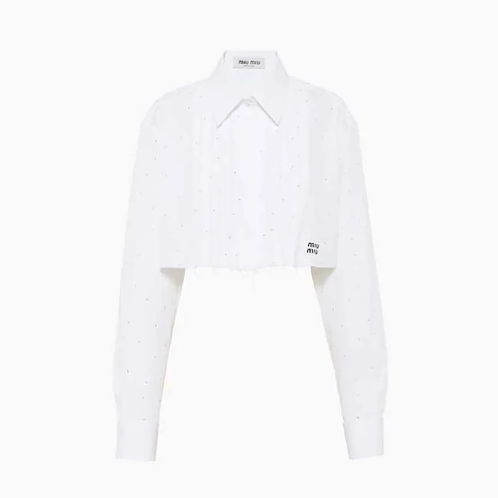 Miu Miu Poplin Shirt with Embroidered Logo for Women in White Miu Miu Poplin Shirt with Embroidered Logo for Women in White