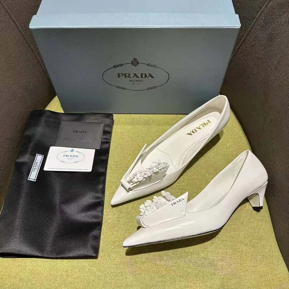 Prada Brushed Leather Pumps with Floral Appliqués for Women in White