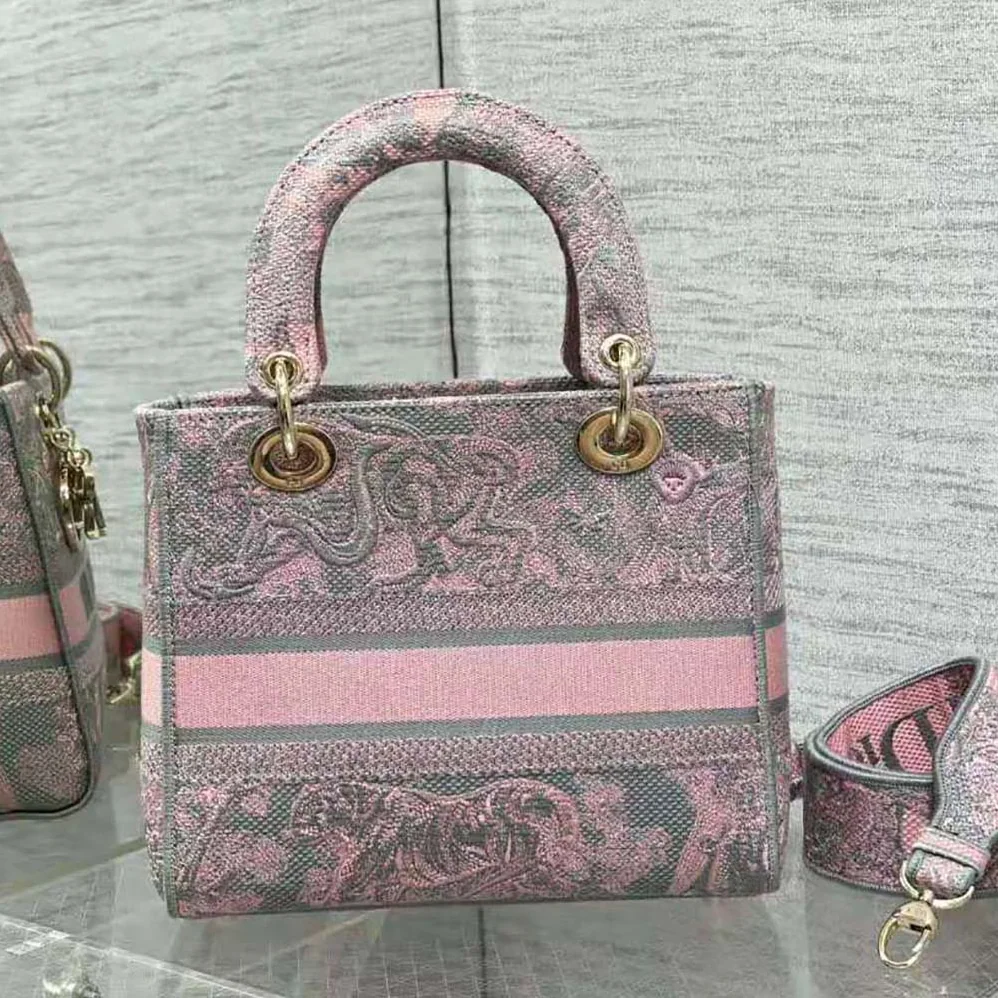 Dior Medium Lady D-lite Bag Gray and Pink Toile de Jouy Reverse Embroidery for Women Dior Medium Lady D-lite Bag Gray and Pink Toile de Jouy Reverse Embroidery for Women