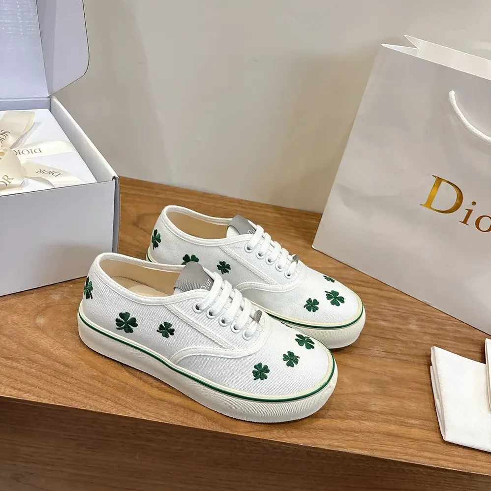 Dior Saltwind Sneaker White Cotton Embroidered with Bright Green Dior Clover Motif for Unisex