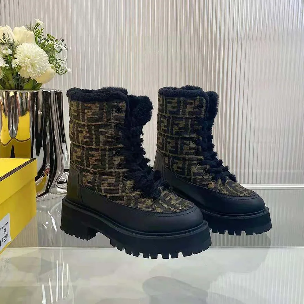 Fendi Signature Biker Boots Black Leather Biker Boots with FF Fabric for Women