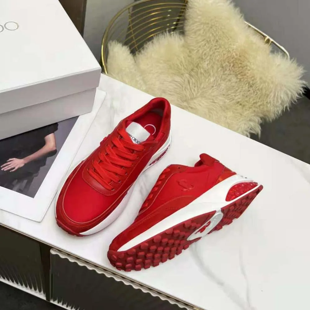 Jimmy Choo Memphis Lace UP/F Red Neoprene and Leather Low Top Trainers for Women Jimmy Choo Memphis Lace UP/F Red Neoprene and Leather Low Top Trainers for Women