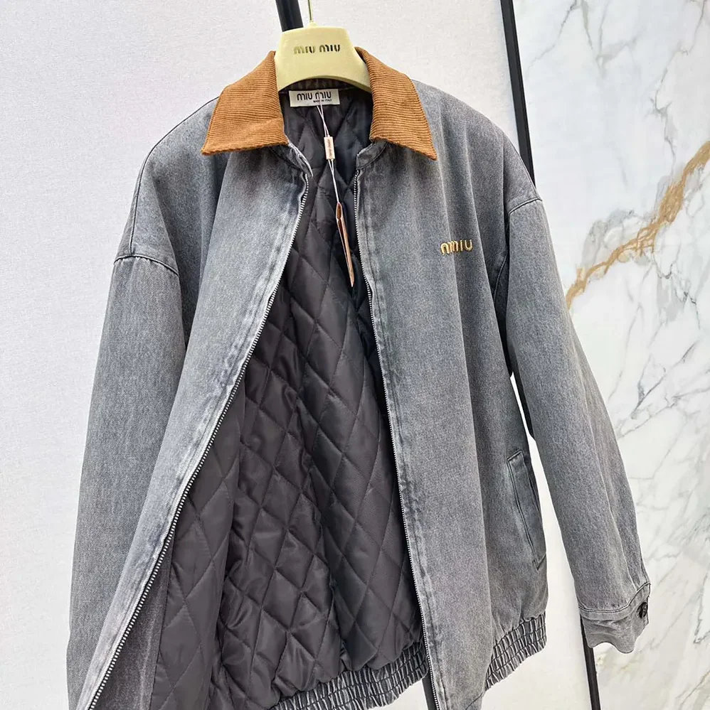 Miu Miu Chambray Jacket with Velvet Collar for Women Miu Miu Chambray Jacket with Velvet Collar for Women