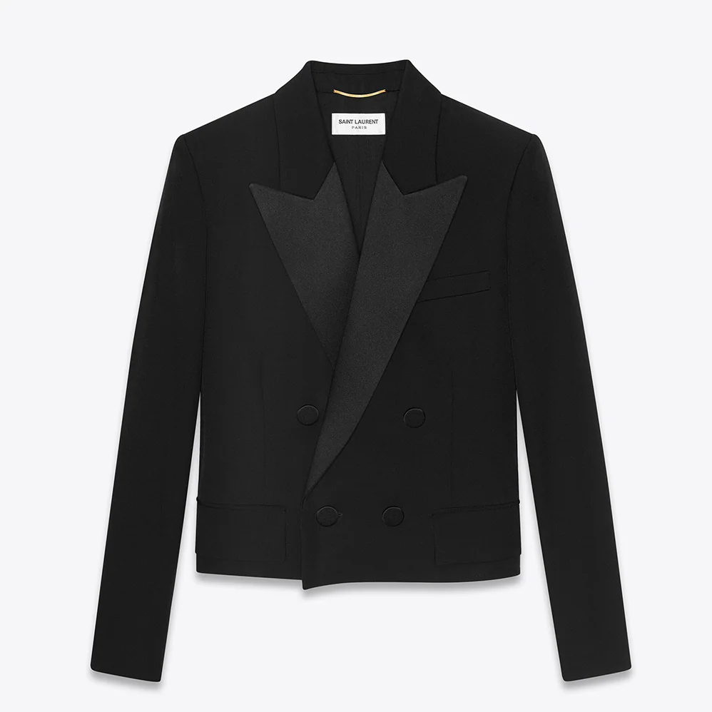 Saint Laurent YSL Cropped Tuxedo Jacket in Grain DE Poudre Saint Laurent for Women Saint Laurent YSL Cropped Tuxedo Jacket in Grain DE Poudre Saint Laurent for Women