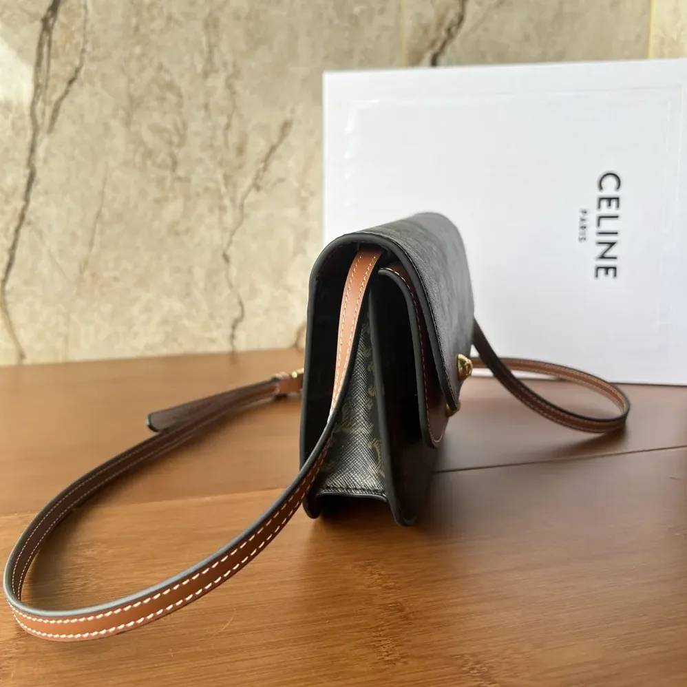Celine Duo Wallet on Strap in Triomphe Canvas and Calfskin for Women