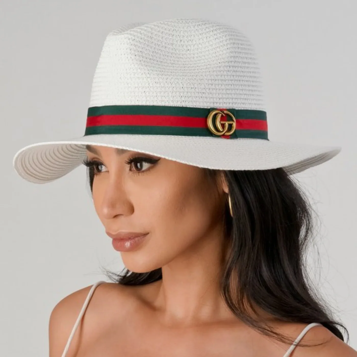 Gucci Ribbon Band Straw Fedora Hat White Straw