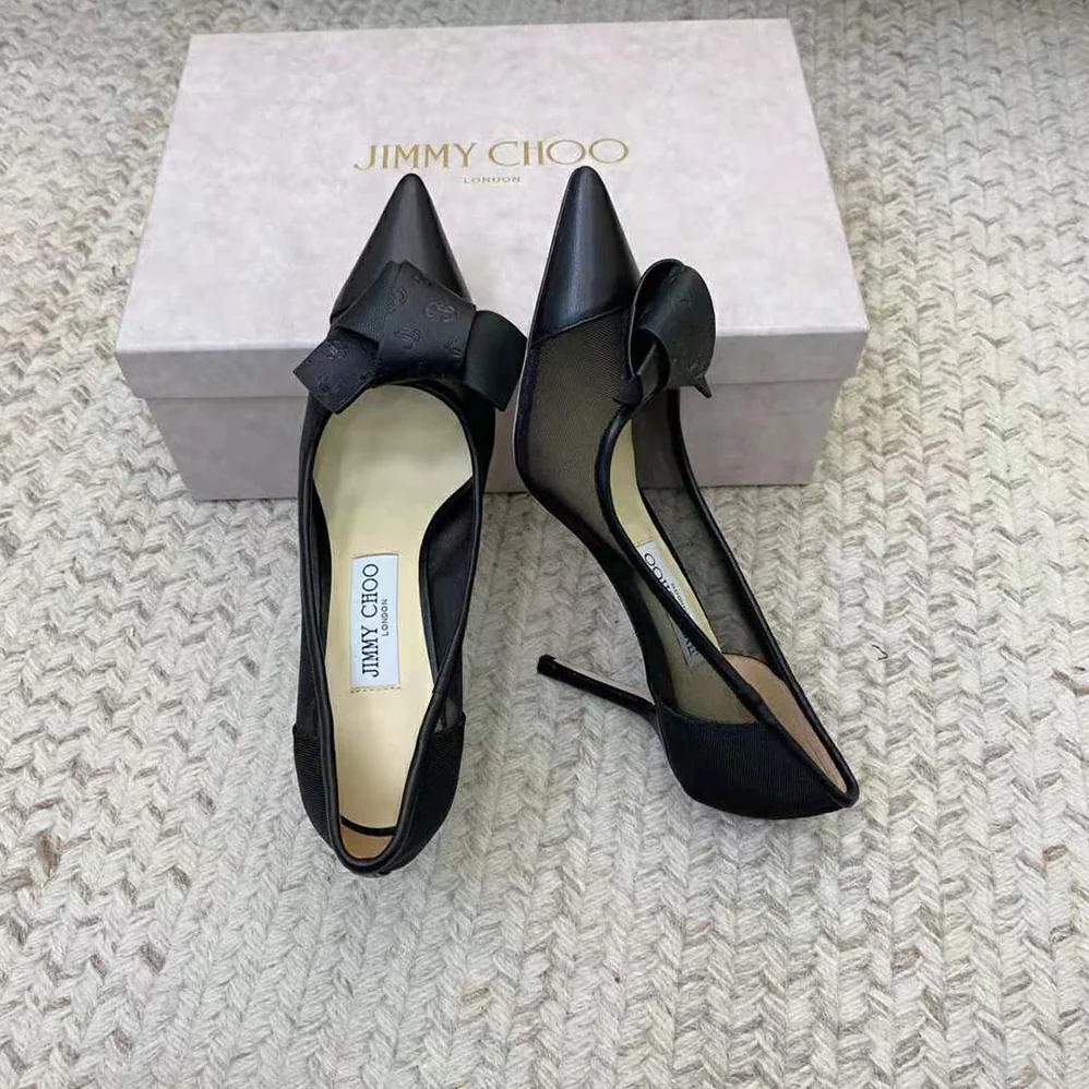 Jimmy Choo Lani 100 Black Mesh Pumps with JC Monogram Leather Bow for Women