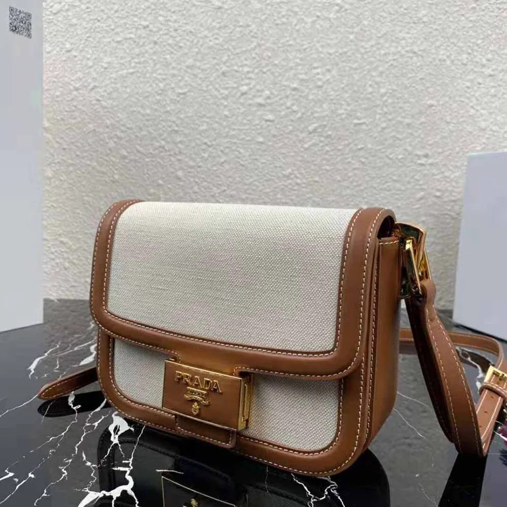 Prada Prada Embleme Bag in Linen Blend and Leather for Women Prada Prada Embleme Bag in Linen Blend and Leather for Women