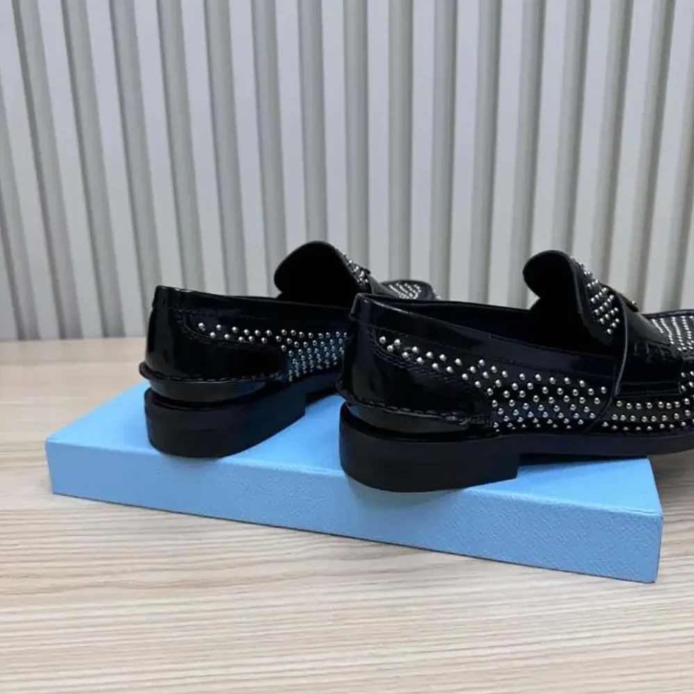 Prada Chocolate Satin Loafers with Crystals for Women in Black