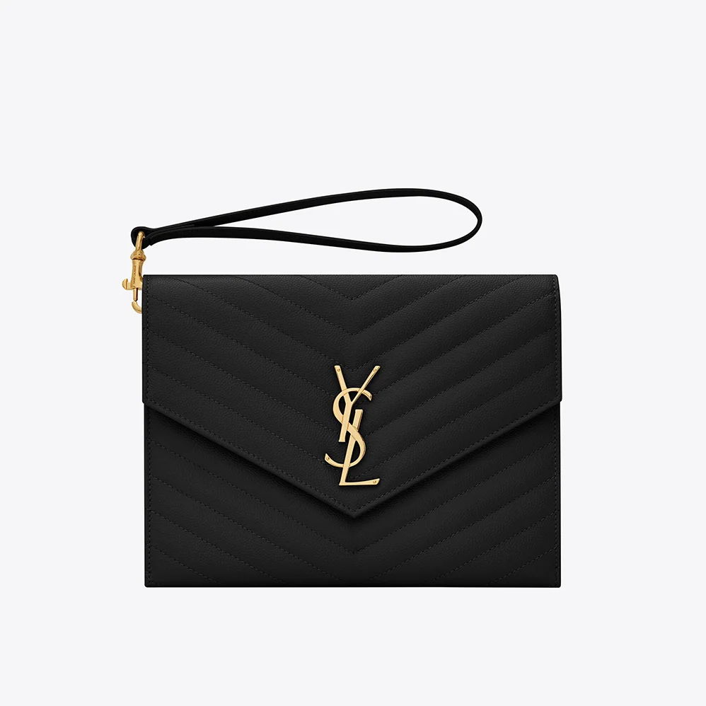 Saint Laurent YSL Monogram Clutch in Quilted Grain de Poudre Embossed Leather for Women in Black Saint Laurent YSL Monogram Clutch in Quilted Grain de Poudre Embossed Leather for Women in Black