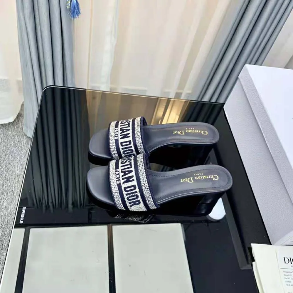 Dior Dway Heeled Slide Black Cotton Embroidered for Women Dior Dway Heeled Slide Black Cotton Embroidered for Women