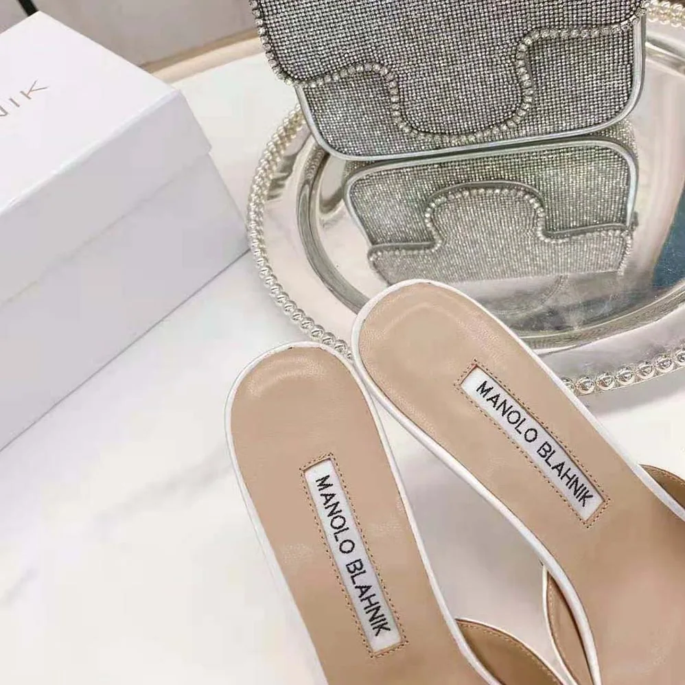 Manolo Blahnik Off-White Satin Jewel Buckle Mules for Women