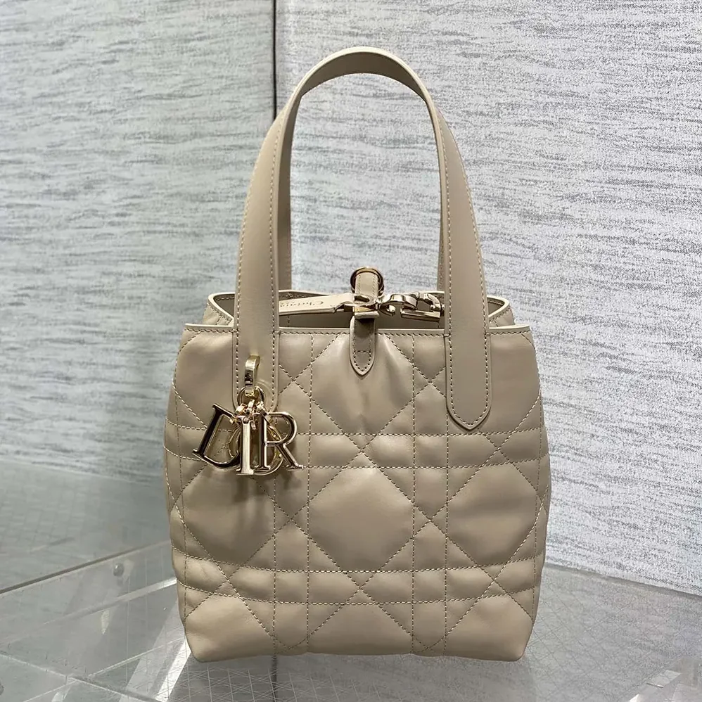 Dior Small Dior Toujours Vertical Tote Bag Powder Beige Macrocannage Calfskin for Women