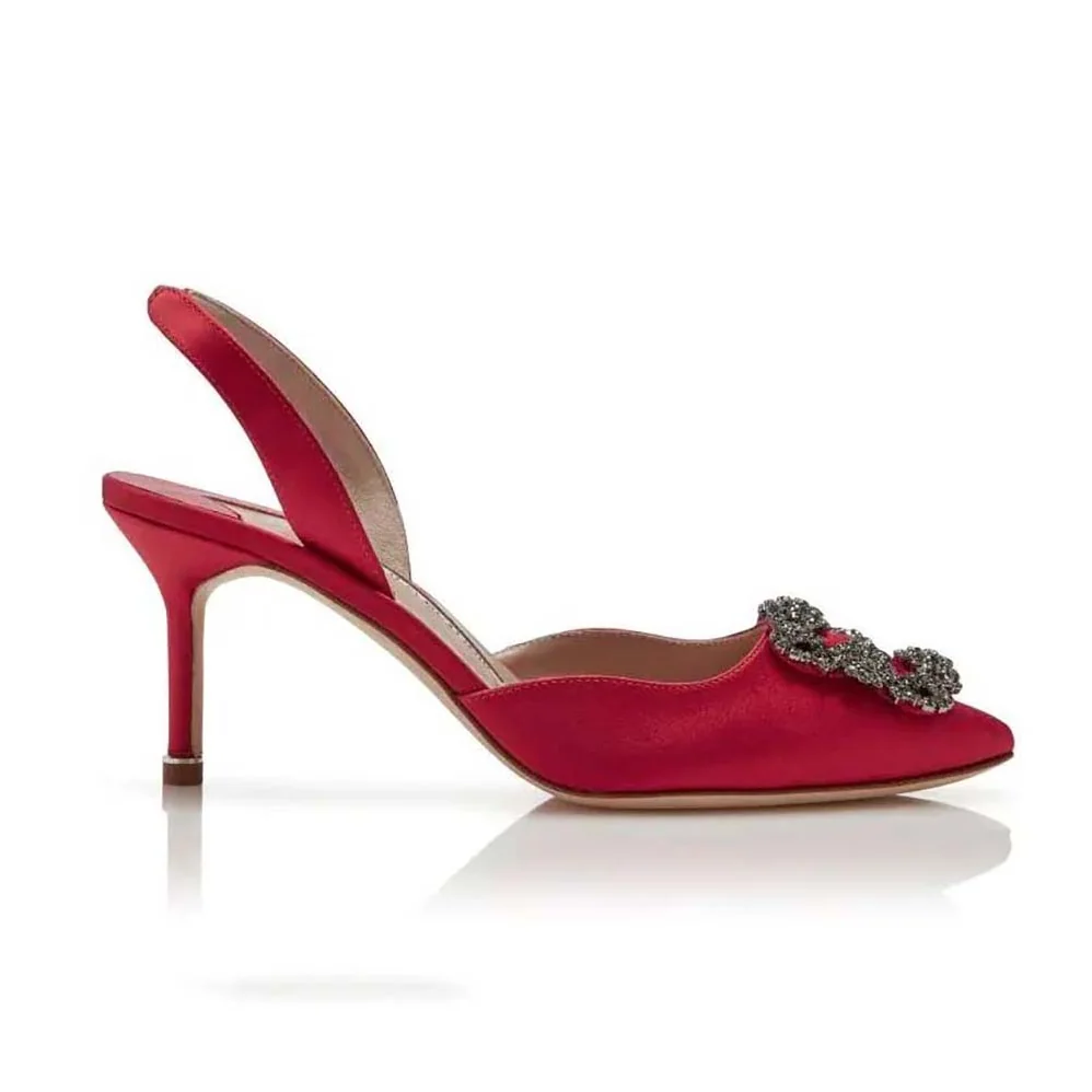 Manolo Blahnik Red Satin Jewel Buckle Slingback Pumps for Women Manolo Blahnik Red Satin Jewel Buckle Slingback Pumps for Women