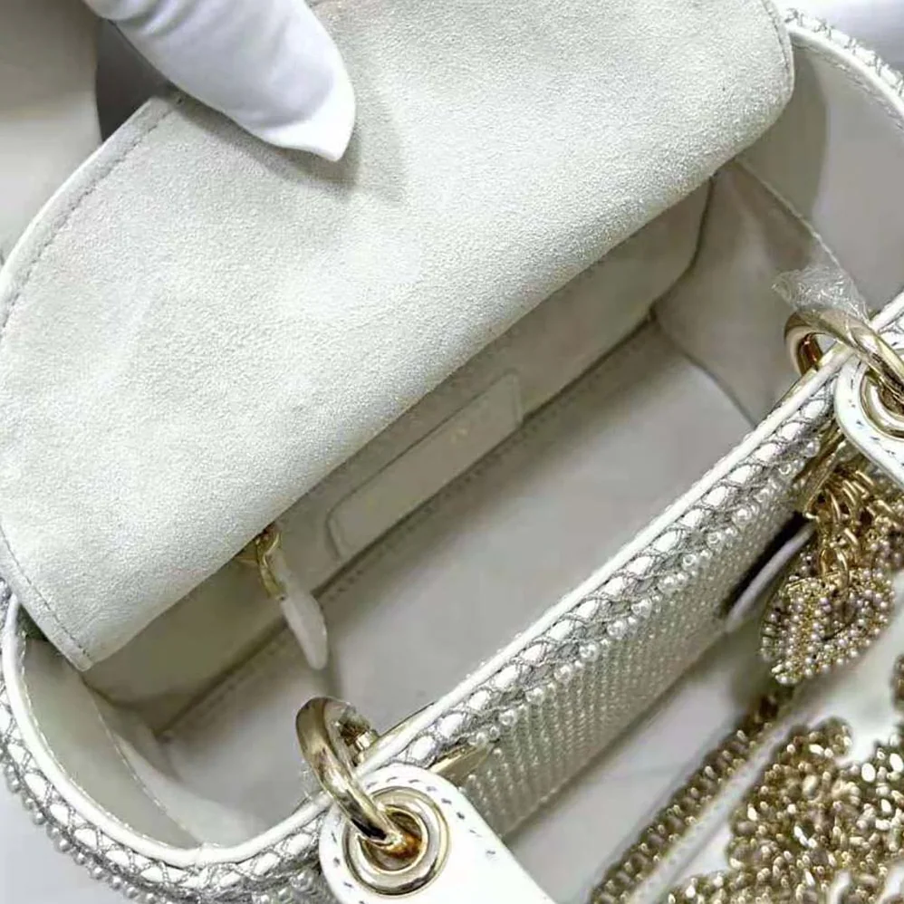 Dior Mini Lady Dior Bag Latte Calfskin Embroidered Entirely with White Resin Pearls for Women