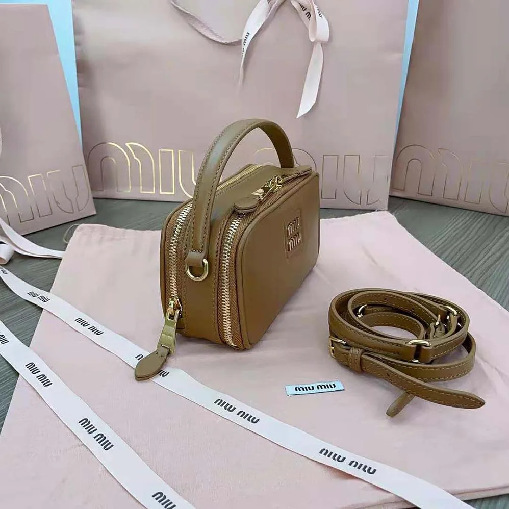 Miu Miu Arcadie Leather Bag with Metal Lettering Logo for Women in Brown Miu Miu Arcadie Leather Bag with Metal Lettering Logo for Women in Brown
