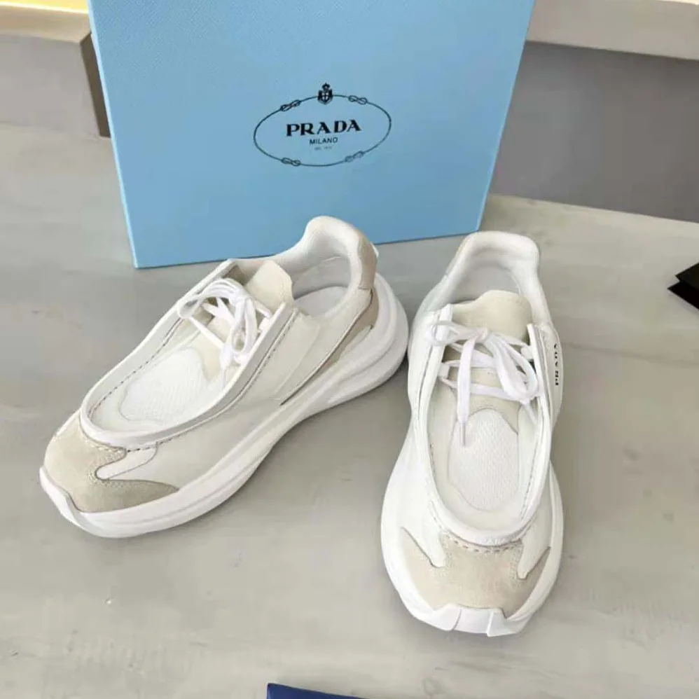 Prada Brushed Leather Sneakers with Bike Fabric and Suede Elements for Men in White Prada Brushed Leather Sneakers with Bike Fabric and Suede Elements for Men in White
