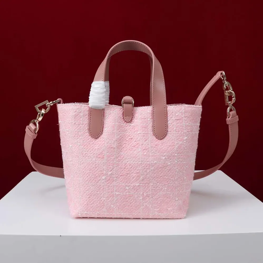 Dior Small Dior Toujours Vertical Tote Bag Pink Tweed with White Cannage Motif for Women