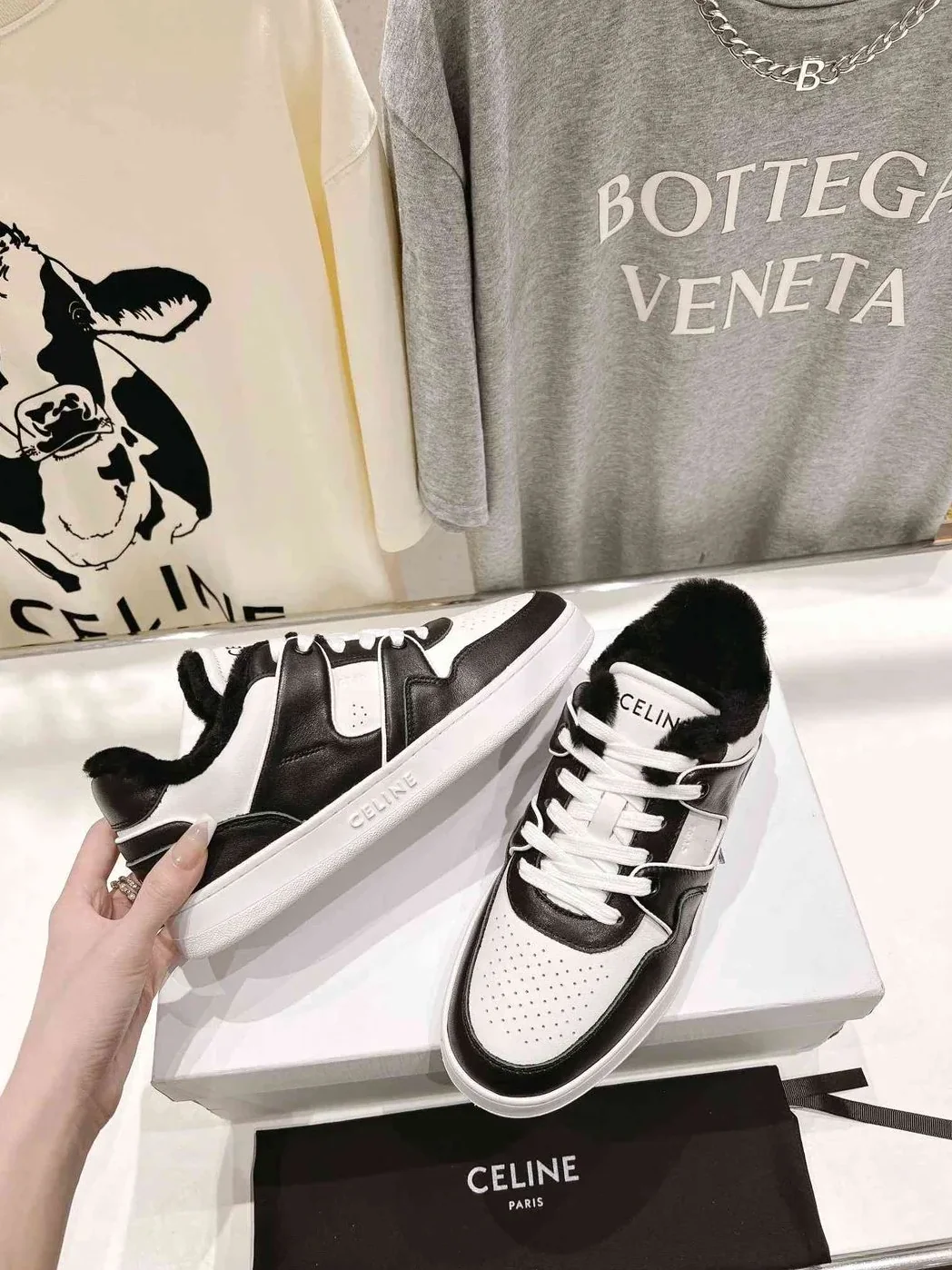 Celine Trainer Low Lace-Up Sneaker With Fur Black