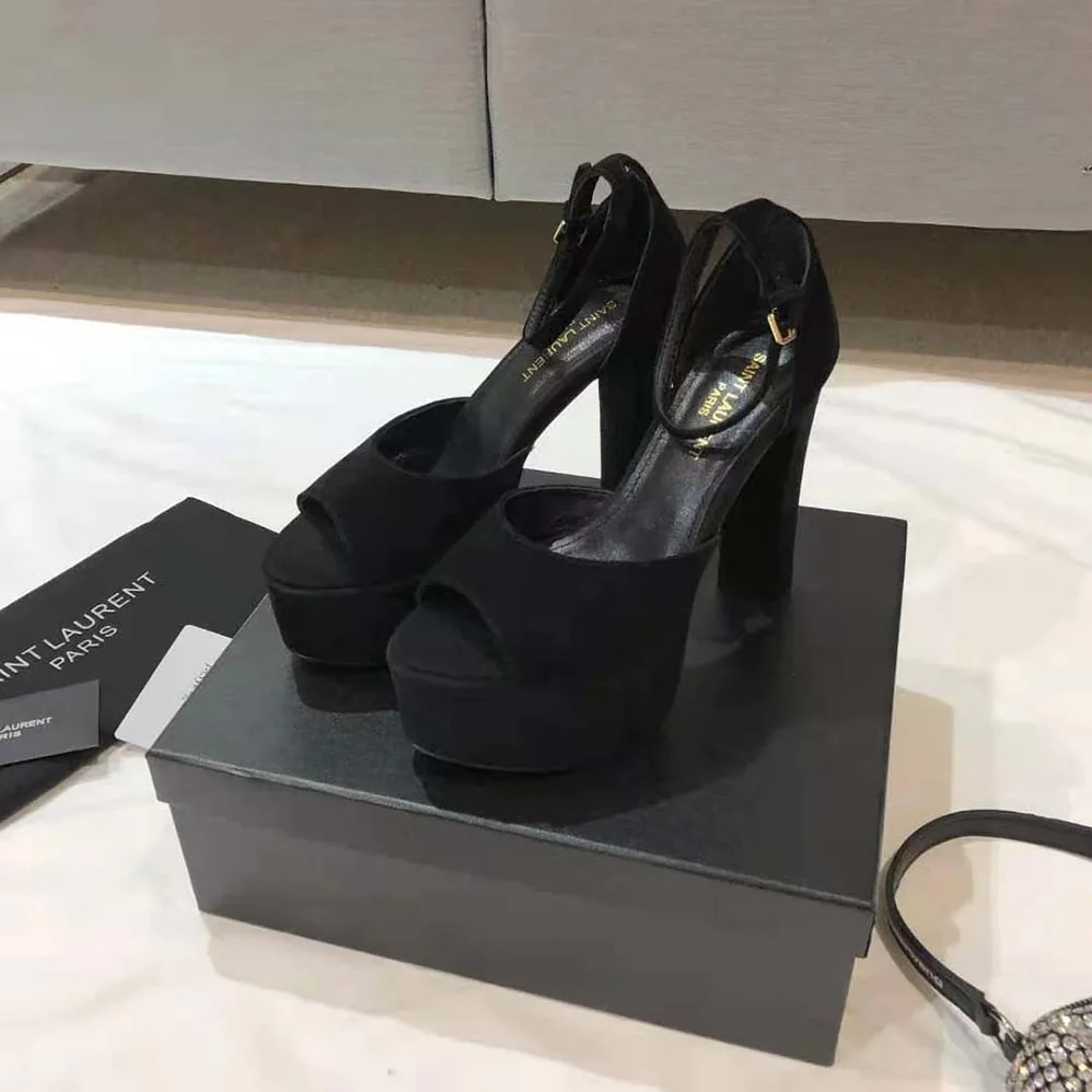 Saint Laurent YSL Jodie Platform Sandals in Suede for Women in Black