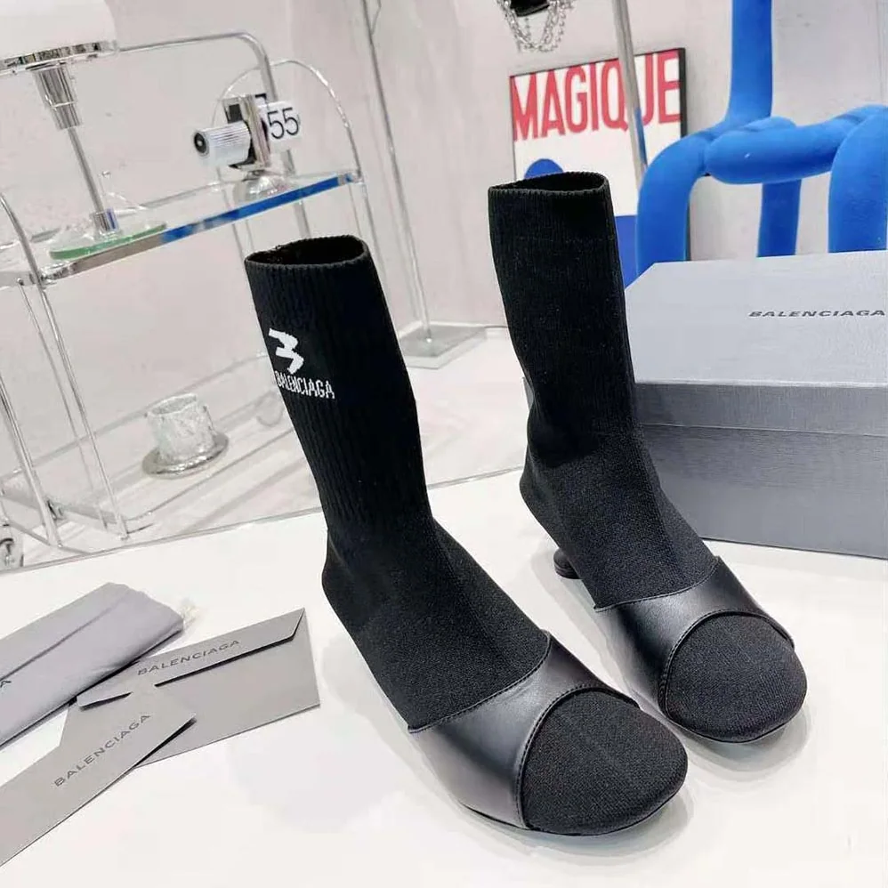 Balenciaga Sock 50mm Bootie in Black Smooth Calfskin and Black Recycled Knit for Women Balenciaga Sock 50mm Bootie in Black Smooth Calfskin and Black Recycled Knit for Women