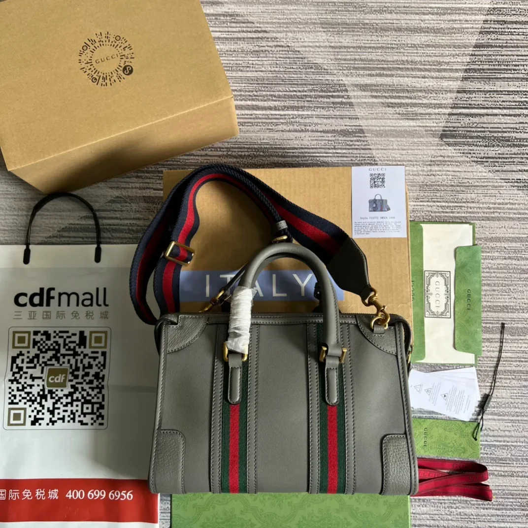 Small Bauletto Top Handle Bag With Double G Brown in Grey / Small Bauletto Top Handle Bag With Double G Brown in Grey /