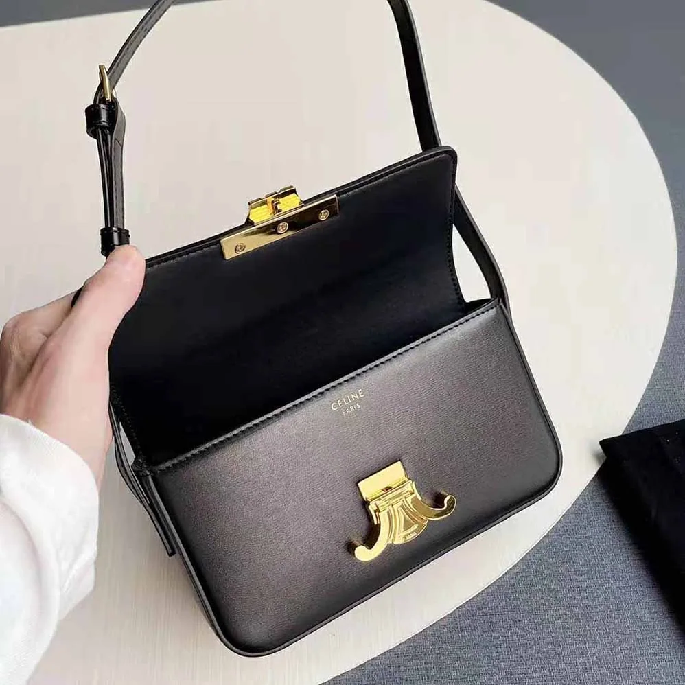 Celine Triomphe Shoulder Bag in Shiny Calfskin for Women in Black