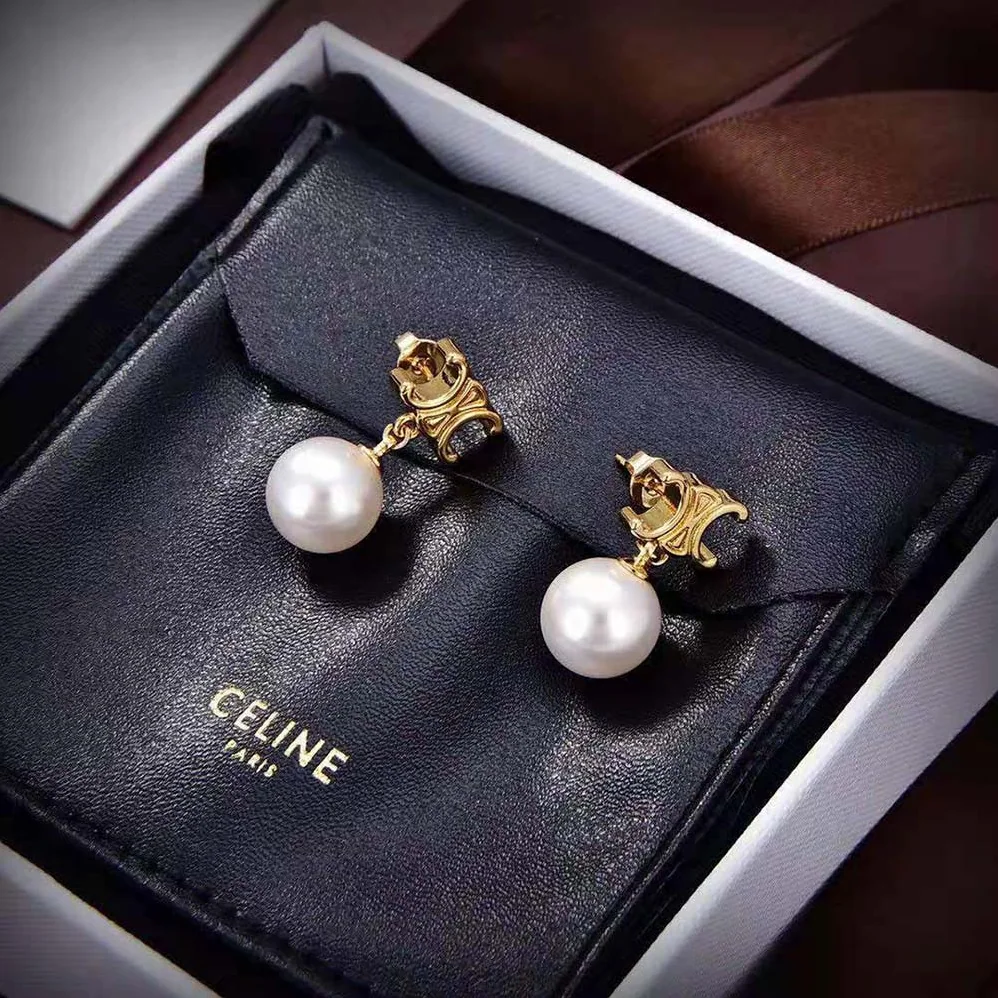 Celine Triomphe Pearl Earrings in Brass with Gold Finish and Glass Pearls for Women