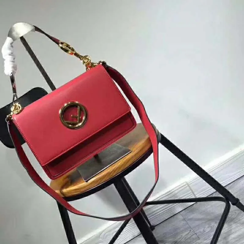 Fendi KAN I F Top Flap Leather Bag with Strap in Red