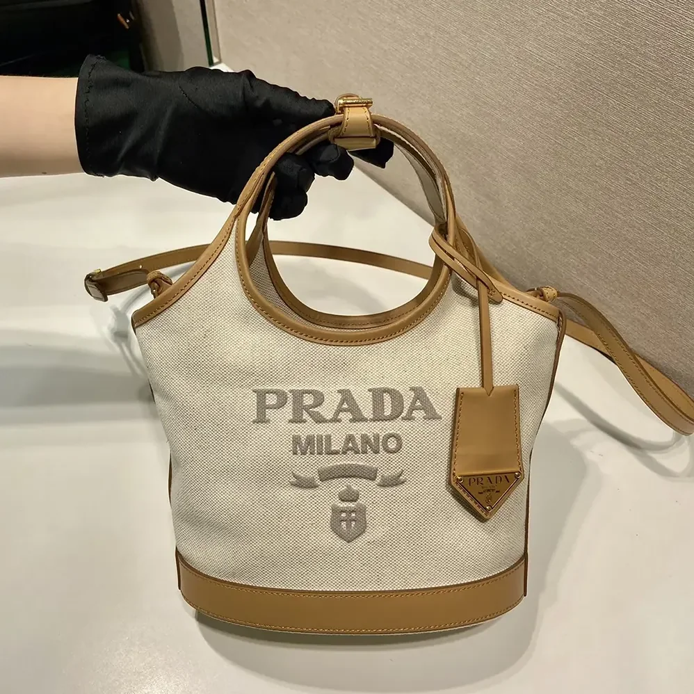 Prada Medium Linen Blend and Leather Tote Bag for Women Prada Medium Linen Blend and Leather Tote Bag for Women