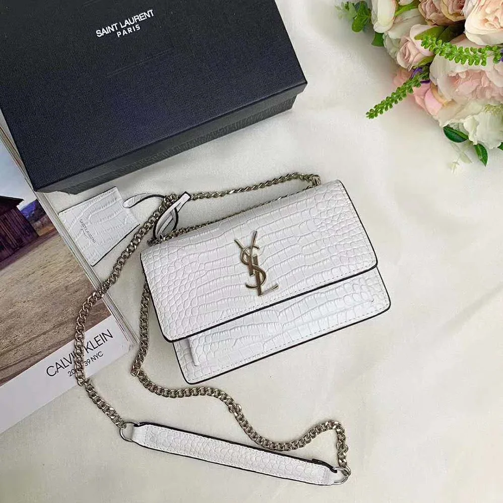 Saint Laurent YSL Sunset Medium Crocodile Embossed Shiny for Women in White Saint Laurent YSL Sunset Medium Crocodile Embossed Shiny for Women in White
