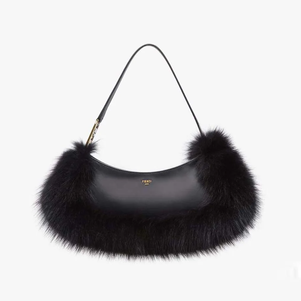 Fendi O'Lock Swing Black Fox Fur and Leather Pouch for Women Fendi O'Lock Swing Black Fox Fur and Leather Pouch for Women
