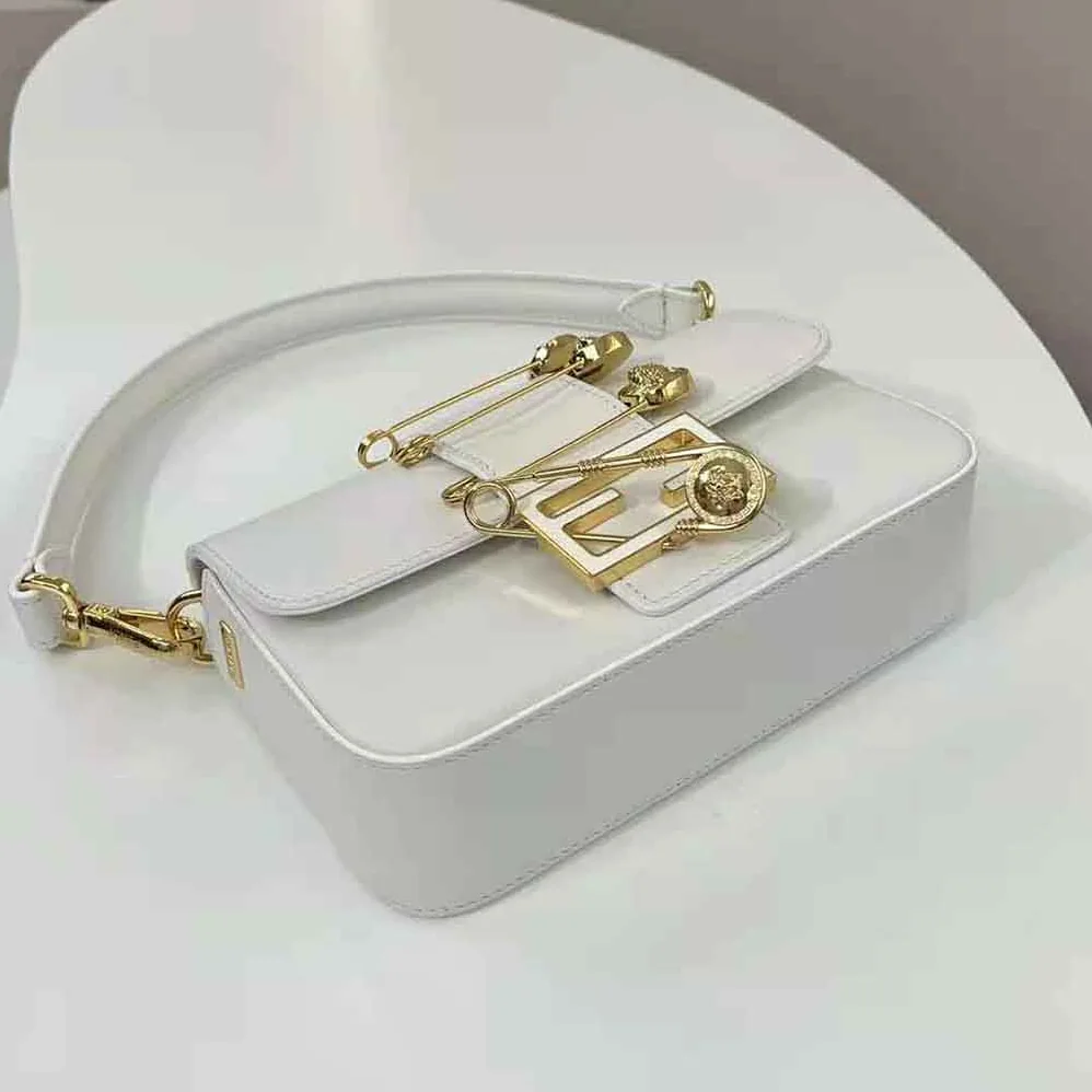 Fendi Brooch Mini Baguette Fendace White Leather Bag for Women Fendi Brooch Mini Baguette Fendace White Leather Bag for Women