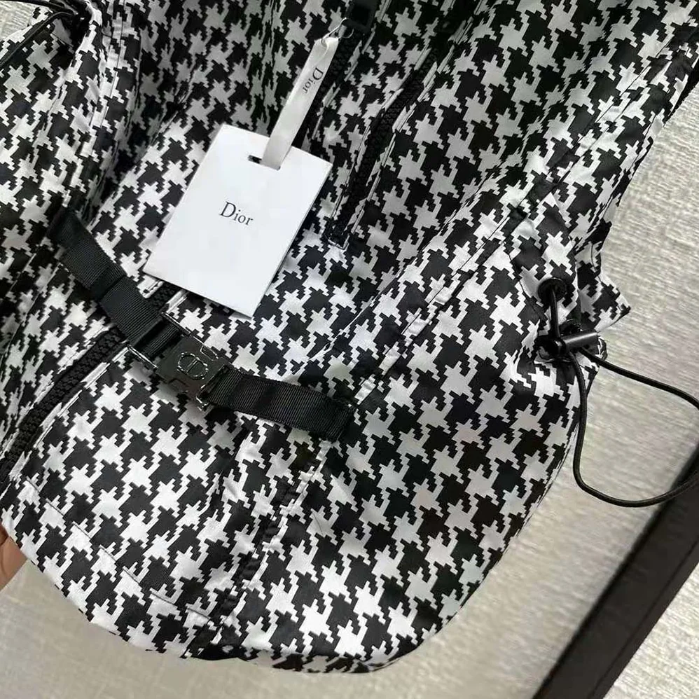 Dior Hooded Sleeveless Vest Black and White Technical Taffeta Jacquard with Macro Houndstooth Motif for Women