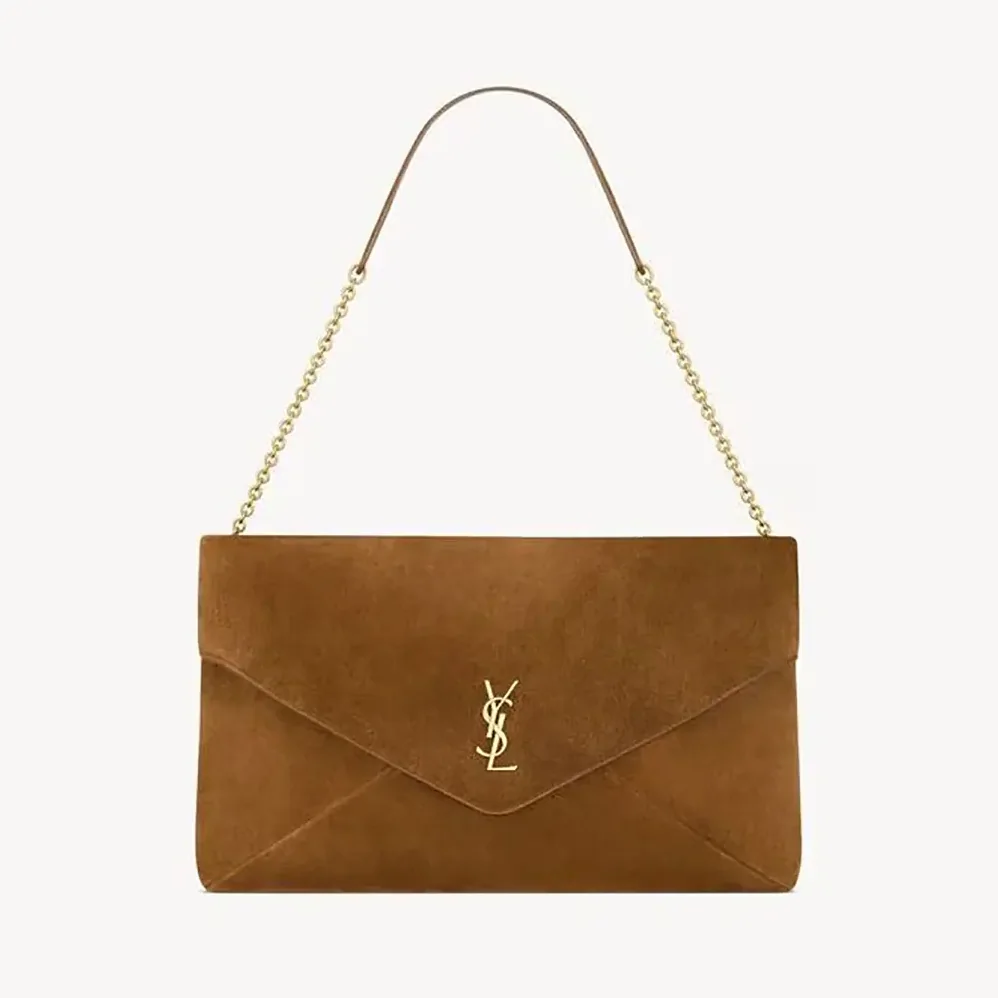 Saint Laurent YSL Cassandre Xxl Pouch On Chain In Suede for Women in Brown Saint Laurent YSL Cassandre Xxl Pouch On Chain In Suede for Women in Brown