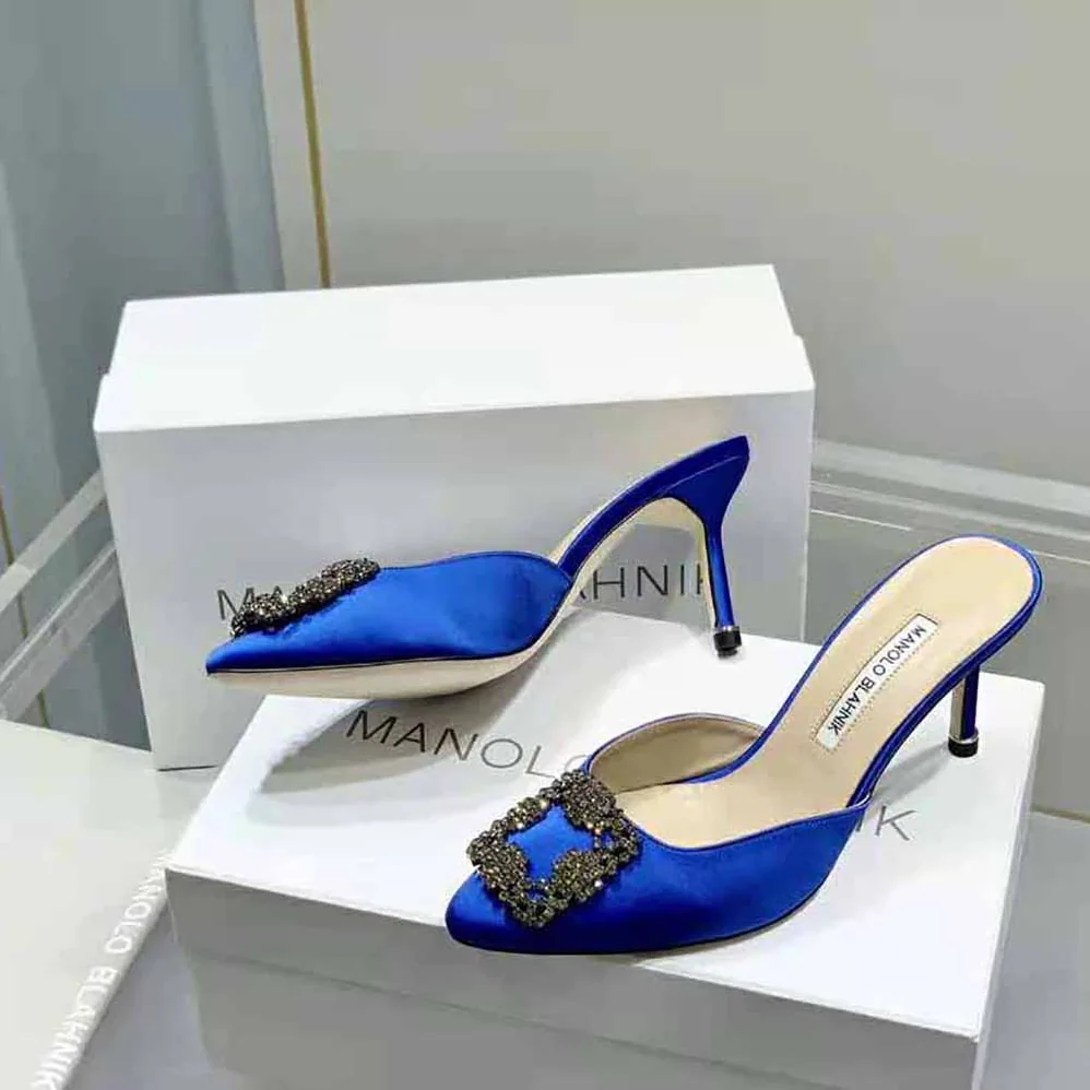 Manolo Blahnik Blue Satin Jewel Buckle Mules for Women Manolo Blahnik Blue Satin Jewel Buckle Mules for Women