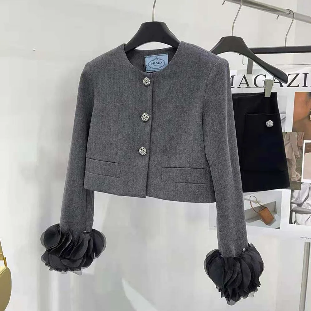 Prada Feather-trimmed Single-breasted Wool Jacket for Women in Gray Prada Feather-trimmed Single-breasted Wool Jacket for Women in Gray