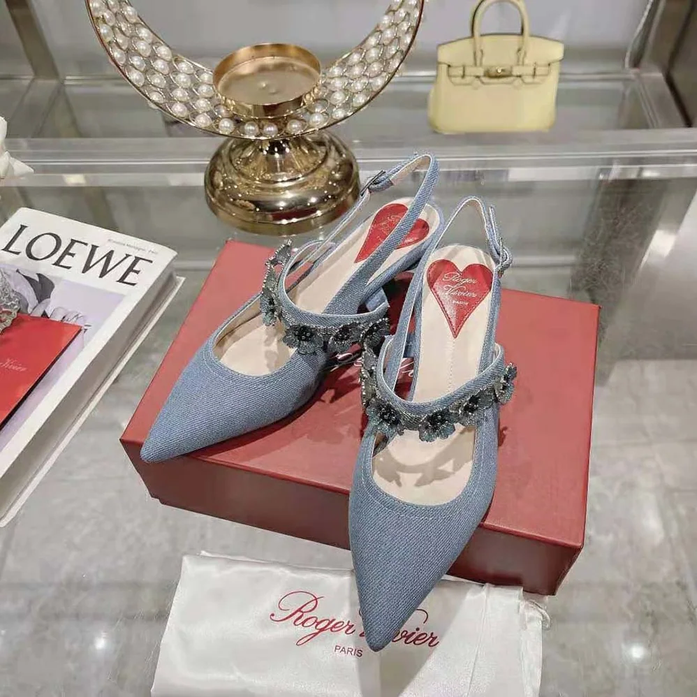 Roger Vivier Virgule Flower Slingback Pumps in Denim for Women