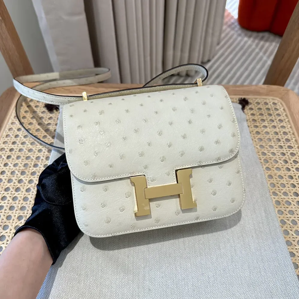 Hermes Constance 19 Bag Nata Ostrich Leather for Women in White/Gold Hermes Constance 19 Bag Nata Ostrich Leather for Women in White/Gold