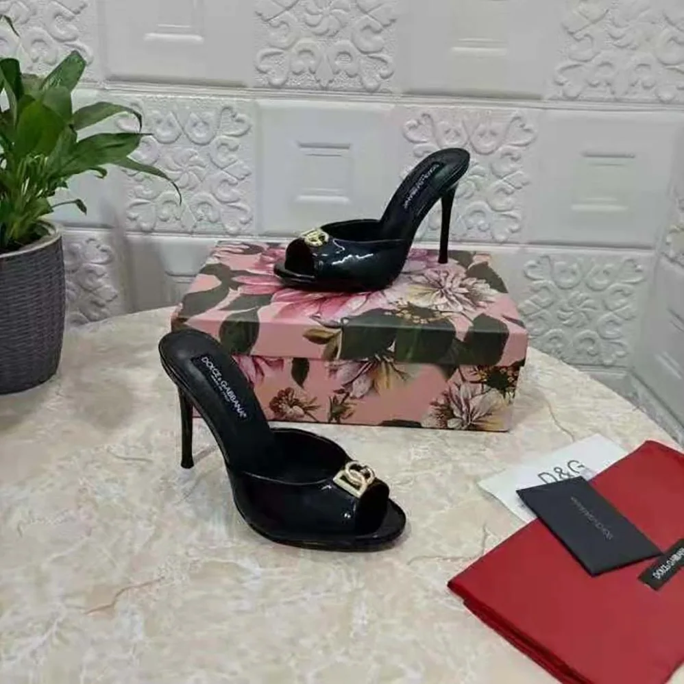 Dolce Gabbana D&G Patent Leather Mules with DG Logo for Women in Black