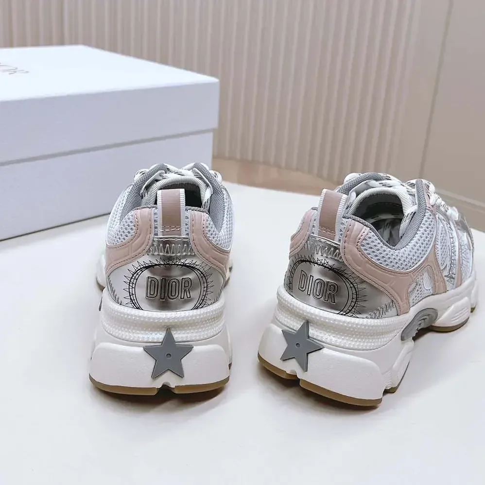 Dior Chrono Sneaker White Mesh with Nude and Silver-Tone Laminated Leather for Women in Effect Panels