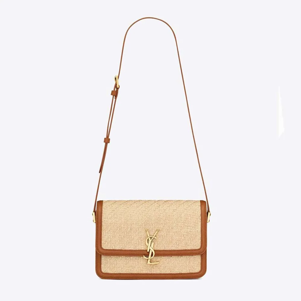 Saint Laurent YSL Solferino Medium Satchel in Raffia and Vegetable for Women in Tanned Leather Saint Laurent YSL Solferino Medium Satchel in Raffia and Vegetable for Women in Tanned Leather