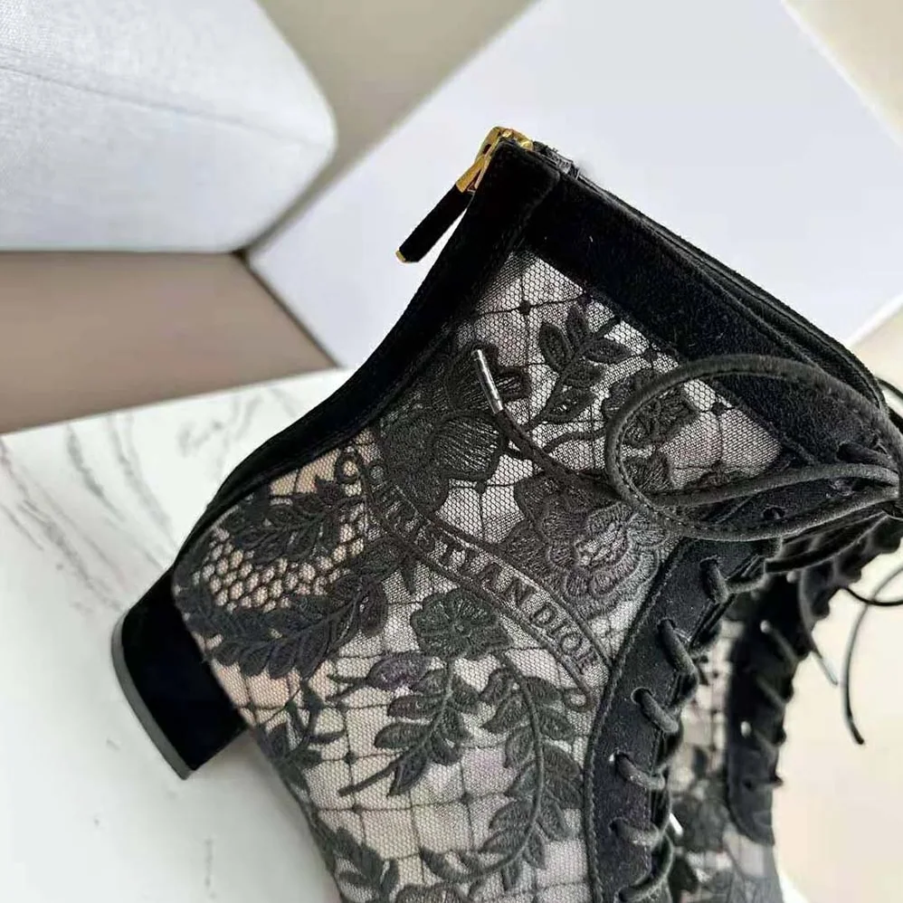 Dior Naughtily-d Ankle Boot Black Transparent Mesh and Suede Embroidered for Women