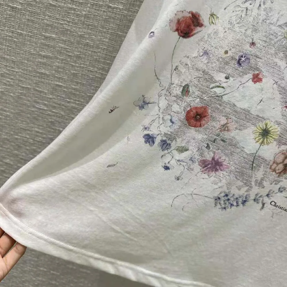 Dior T-shirt White Cotton and Linen Jersey with Red Multicolor Florilegio Motif for Women