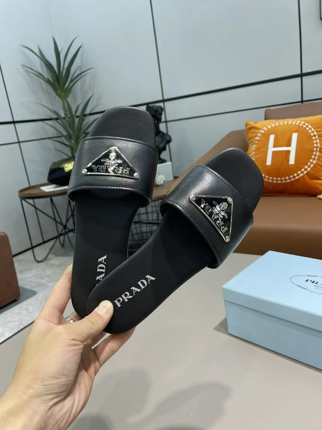 Prada Saffiano Slides Black /