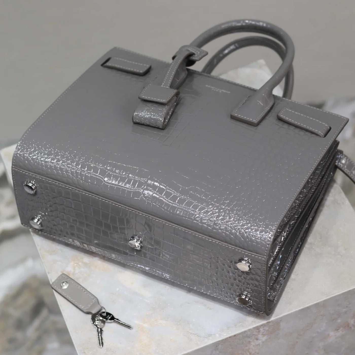 Saint Laurent YSL Sac De Jour in Embossed Crocodile Leather Baby for Women in Silver